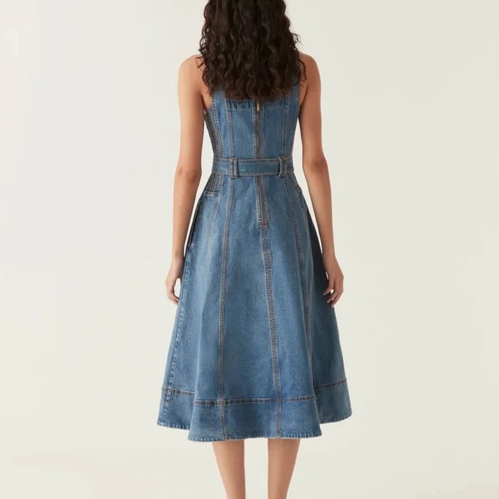 Aje Clay Blue Denim Midi Dress with Belt - Picture 2 of 6